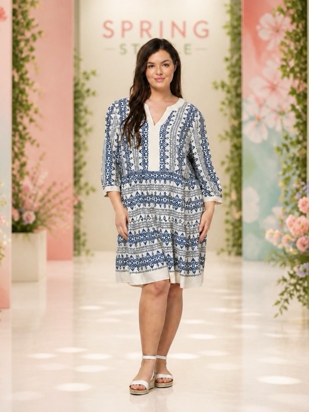 Blue & Cream Printed V-Neck Tunic Dress